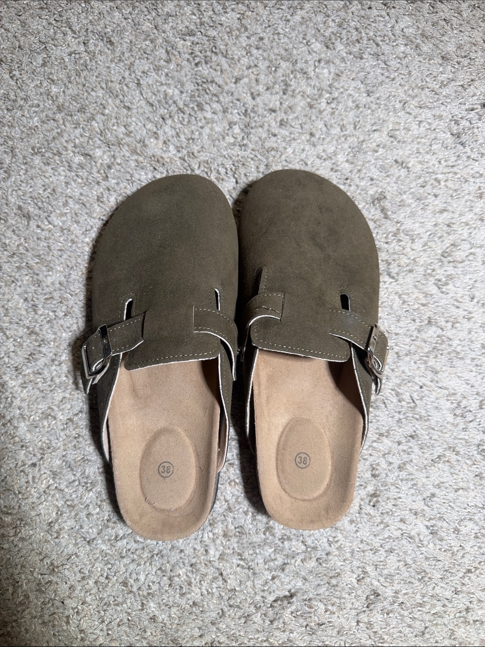 Olive Suede Slip-On Clogs with Adjustable Buckle